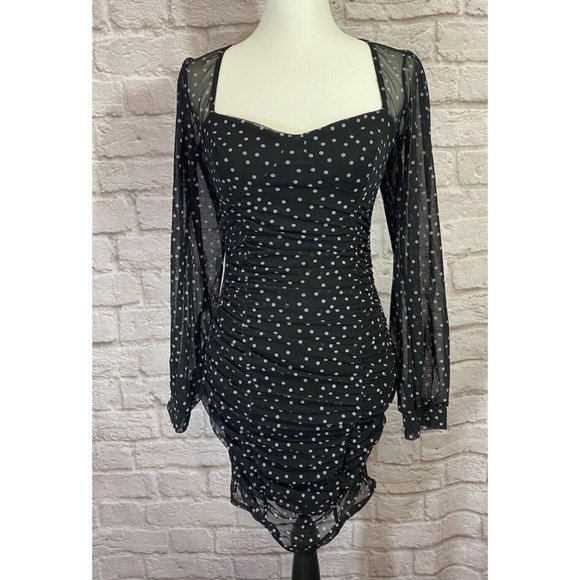 NASTY GAL Spot Right There Mesh Mini Dress 6 Stretch Sexy Slinky Black Dots 9462 - Picture 5 of 14